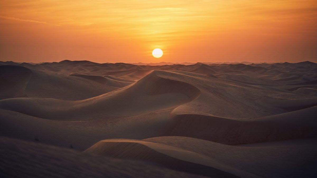 Sand dunes in desert landscape at beautiful sunset. Abu Dhabi, United Arab Emirates